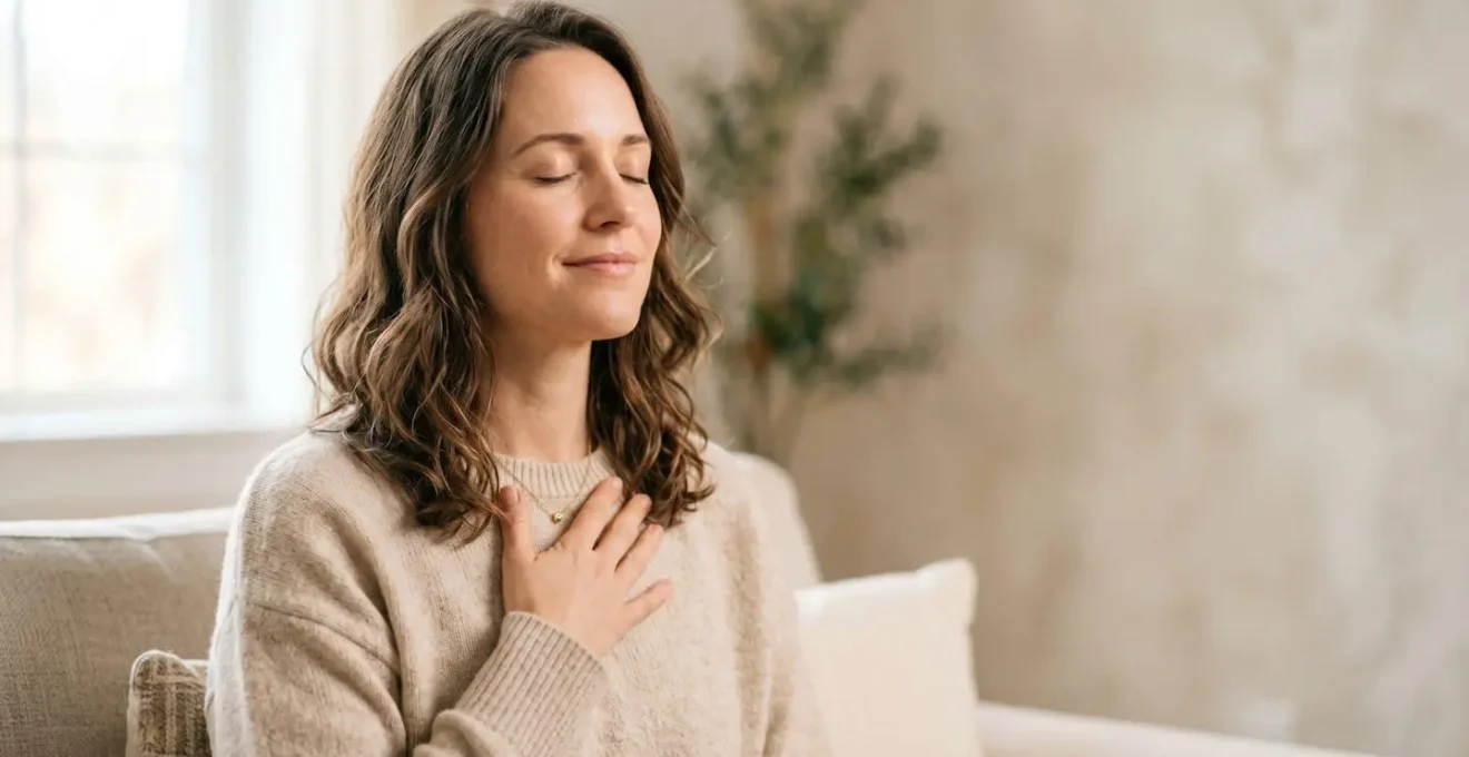 Femme sereine pratiquant une technique de relaxation pour activer le nerf vague et reduire l'anxiete instantanement