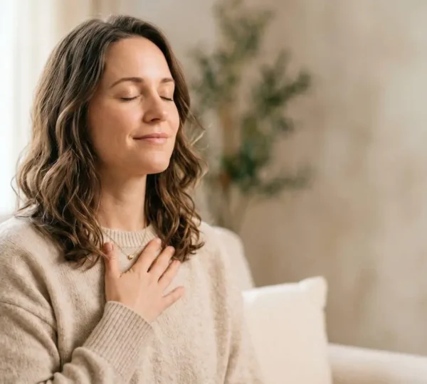Femme sereine pratiquant une technique de relaxation pour activer le nerf vague et reduire l'anxiete instantanement