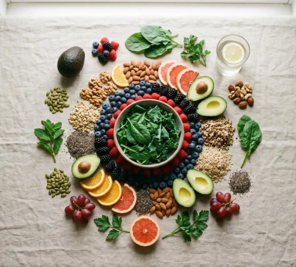 Une composition apaisante évoquant le lien entre nutrition et bien-être féminin