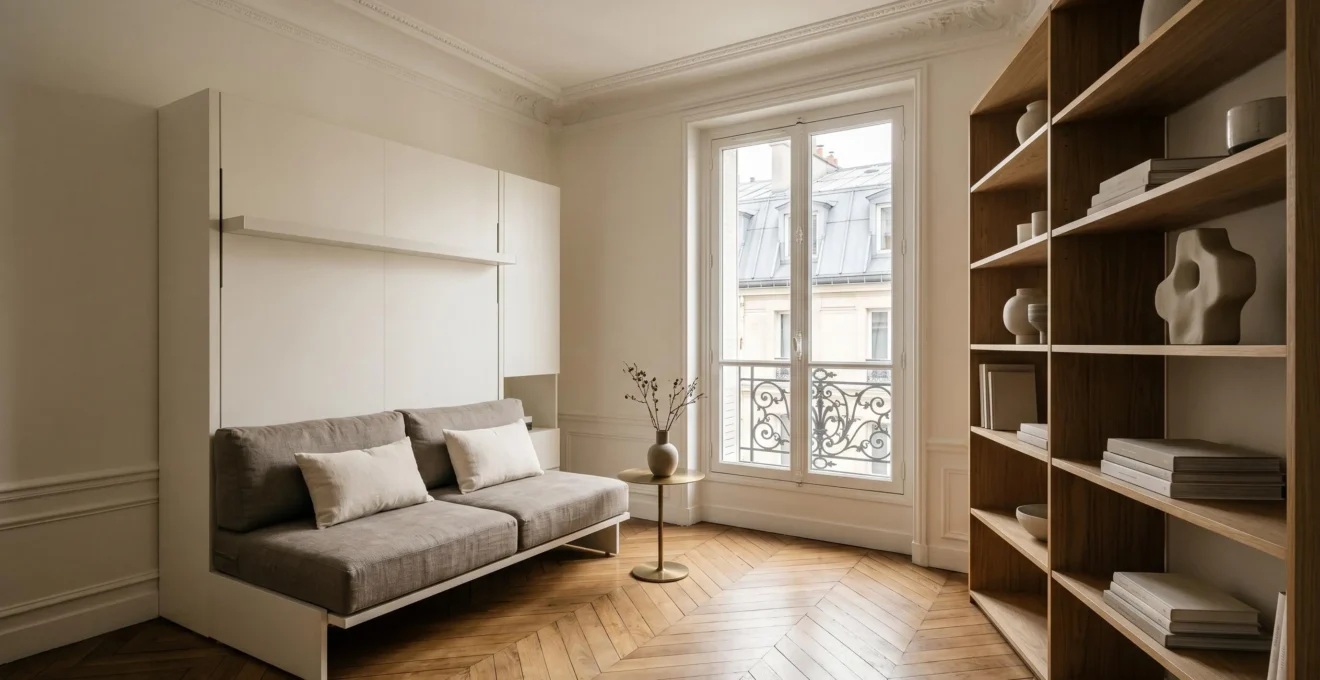 Intérieur d'un studio parisien moderne de moins de 40m² avec mobilier multifonction et design épuré