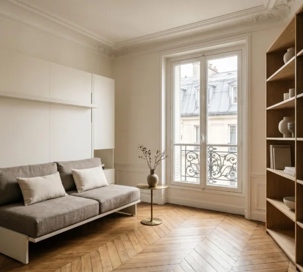 Intérieur d'un studio parisien moderne de moins de 40m² avec mobilier multifonction et design épuré