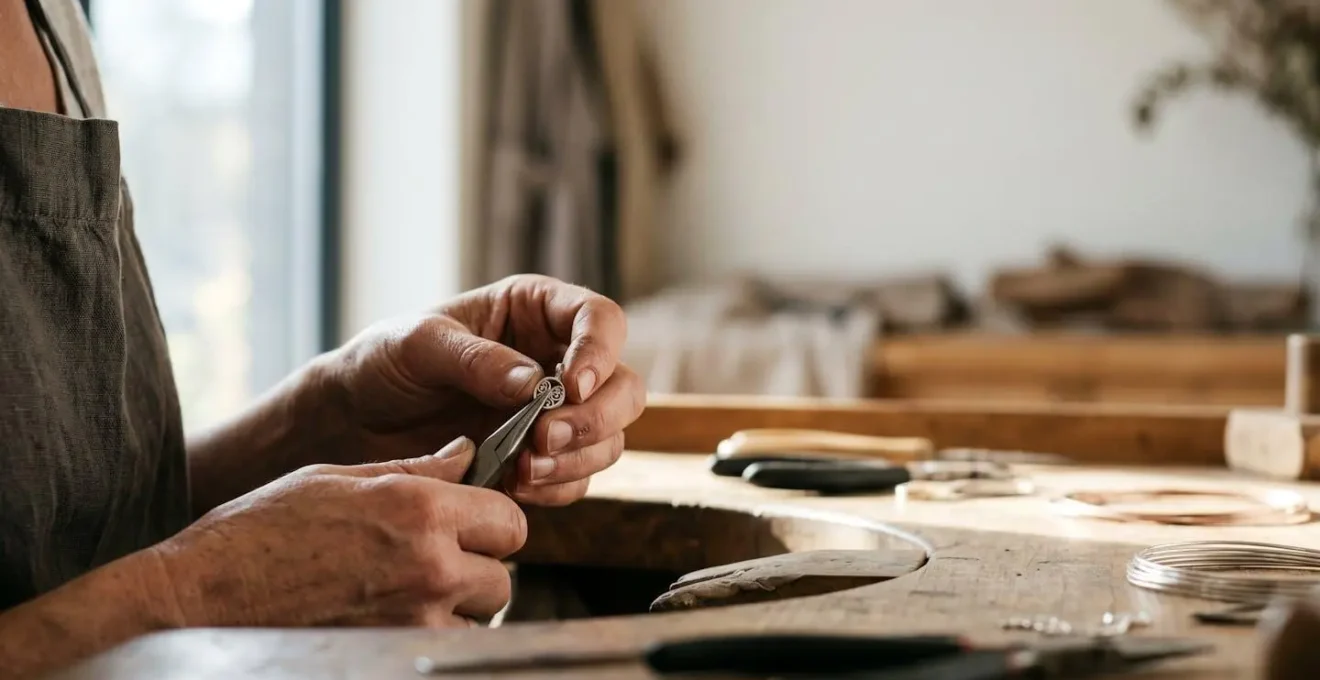 Gros plan sur les mains d'un artisan créant un bijou sur-mesure avec des outils traditionnels