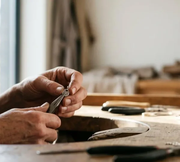 Gros plan sur les mains d'un artisan créant un bijou sur-mesure avec des outils traditionnels