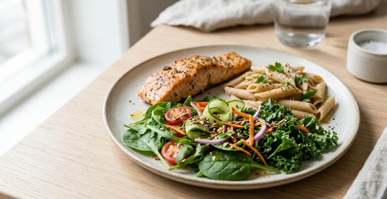 Assiette équilibrée à charge glycémique basse avec légumes variés, protéines et féculents al dente sur table lumineuse
