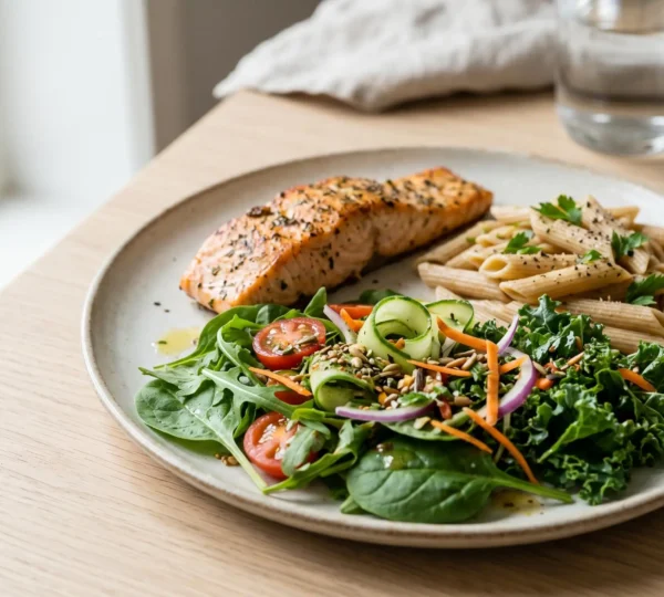 Assiette équilibrée à charge glycémique basse avec légumes variés, protéines et féculents al dente sur table lumineuse