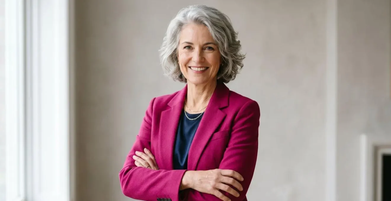 Femme mature aux cheveux gris elegamment coiffes dans une tenue audacieuse et coloree exprimant la confiance et le style apres 45 ans