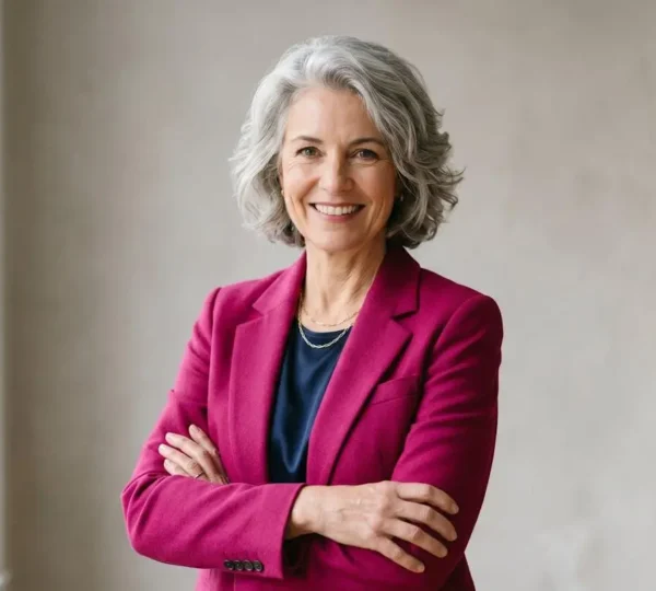 Femme mature aux cheveux gris elegamment coiffes dans une tenue audacieuse et coloree exprimant la confiance et le style apres 45 ans