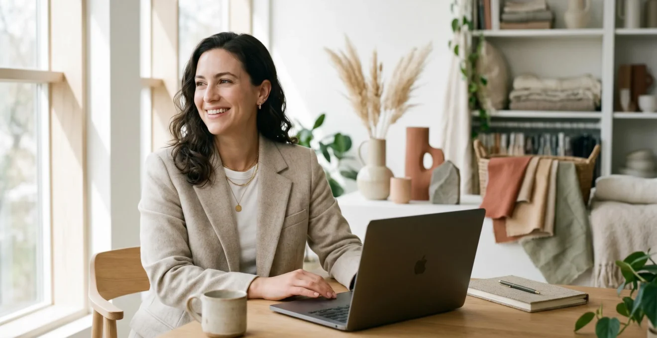 Professionnelle du secteur mode et beauté consultant son profil LinkedIn dans un environnement créatif épuré