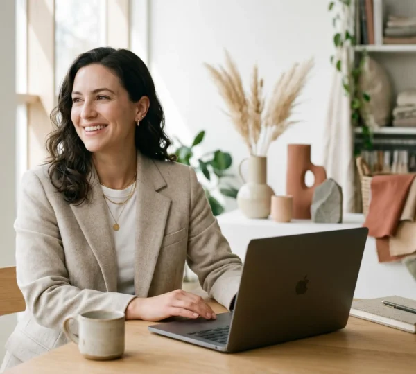 Professionnelle du secteur mode et beauté consultant son profil LinkedIn dans un environnement créatif épuré