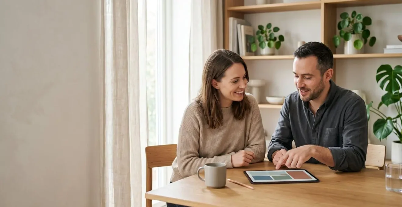 Couple collaborant sur l'organisation domestique à l'aide d'outils numériques dans un intérieur lumineux contemporain