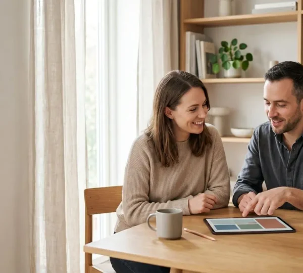 Couple collaborant sur l'organisation domestique à l'aide d'outils numériques dans un intérieur lumineux contemporain