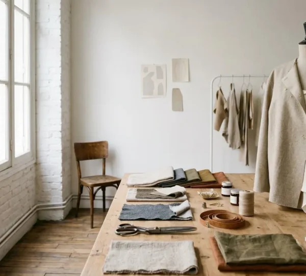 Atelier de création mode française avec matériaux nobles et outils de confection artisanaux