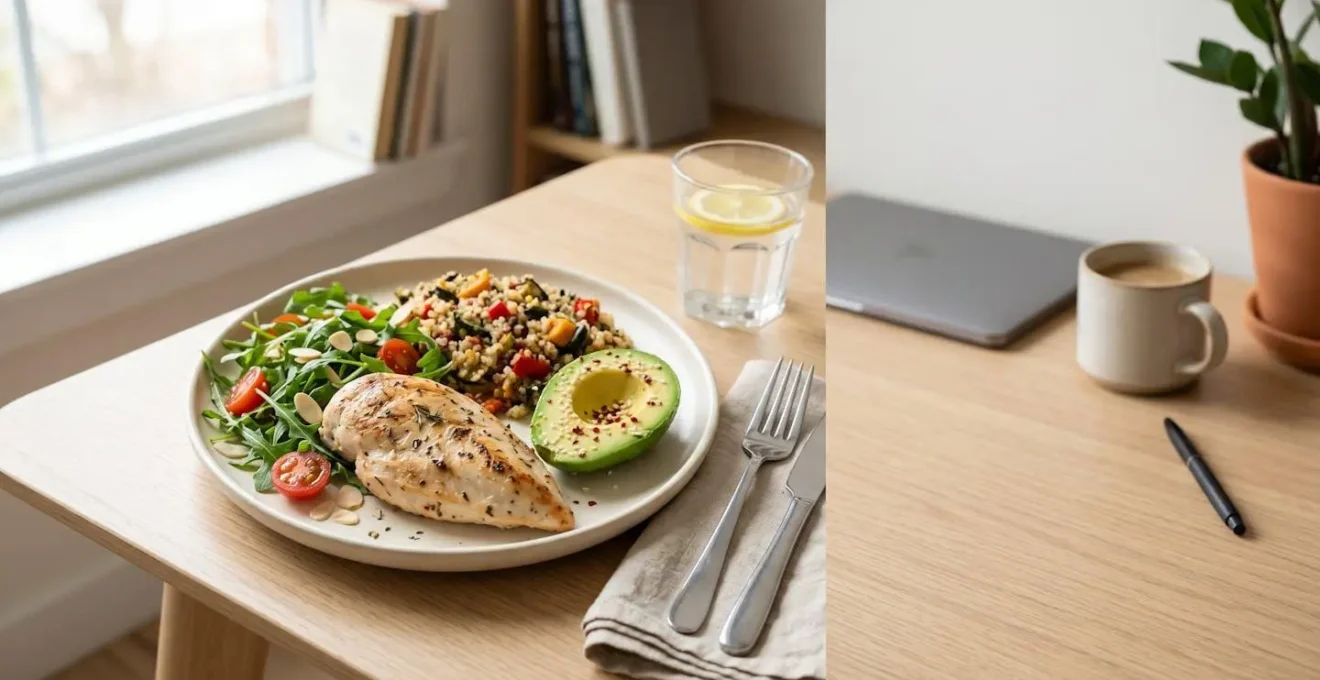 Assiette de dejeuner equilibree avec proteines legumes et glucides complexes dans une lumiere naturelle douce