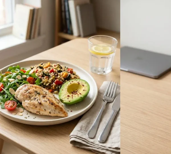 Assiette de dejeuner equilibree avec proteines legumes et glucides complexes dans une lumiere naturelle douce