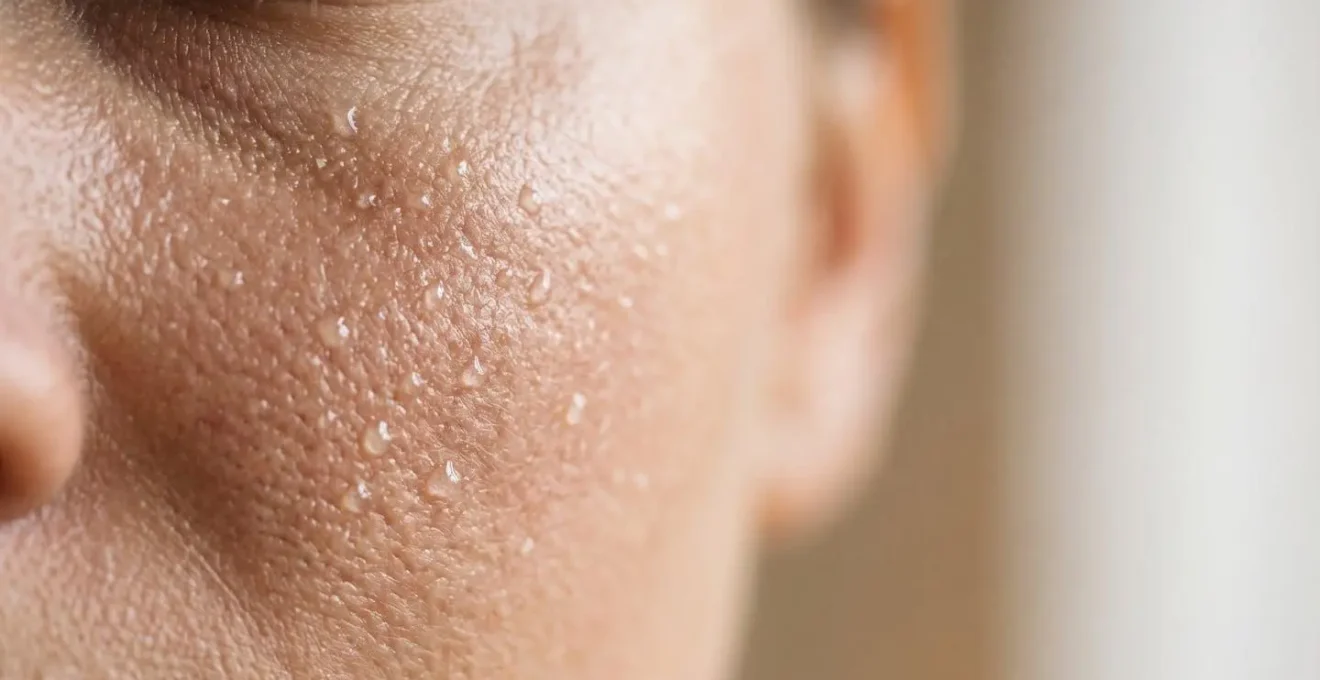 Gros plan photographique d'une peau hydratée reflétant naturellement la lumière, avec des textures de gouttes d'eau sur une surface cutanée