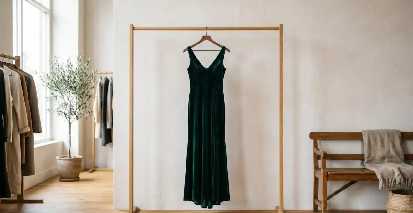 Robe de soirée élégante suspendue dans un dressing partagé moderne