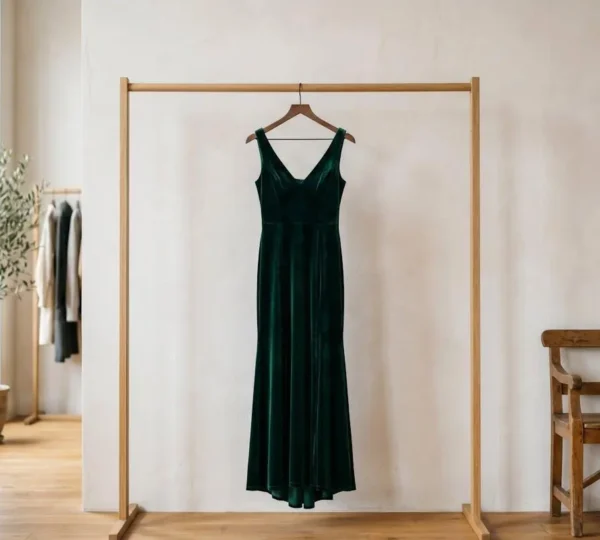 Robe de soirée élégante suspendue dans un dressing partagé moderne