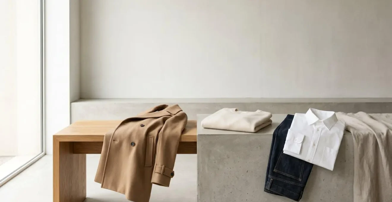Composition minimaliste de vêtements intemporels de haute qualité disposés avec soin dans un espace lumineux
