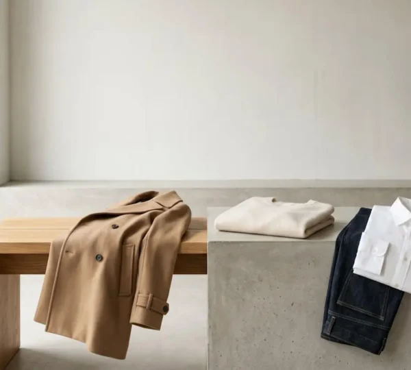 Composition minimaliste de vêtements intemporels de haute qualité disposés avec soin dans un espace lumineux