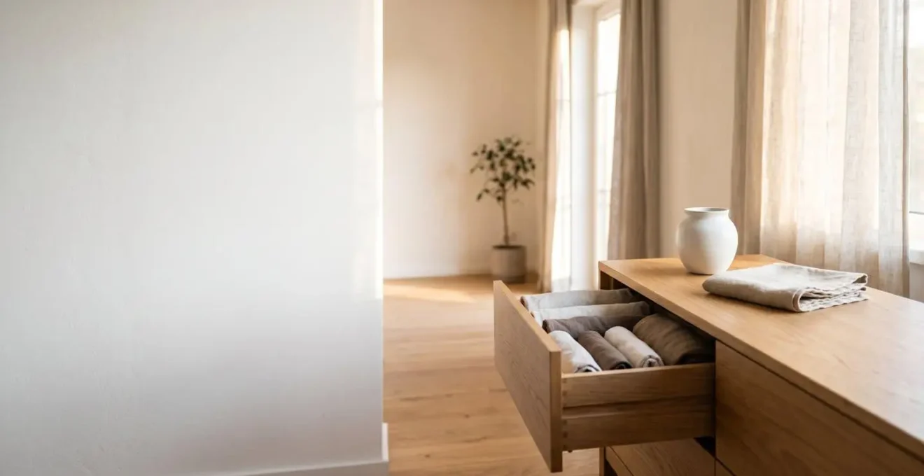 Intérieur minimaliste et lumineux avec espace organisé et épuré évoquant la sérénité du désencombrement