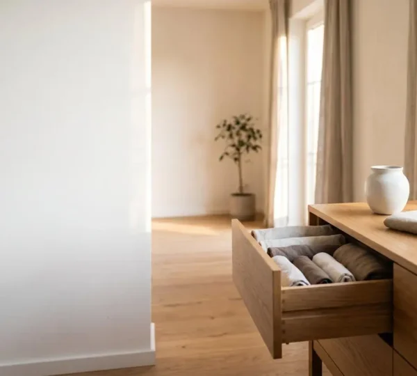 Intérieur minimaliste et lumineux avec espace organisé et épuré évoquant la sérénité du désencombrement