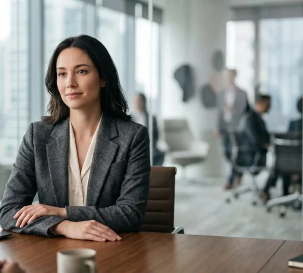 Femme professionnelle sereine lors d'une réunion de travail, démontrant une gestion apaisée du stress