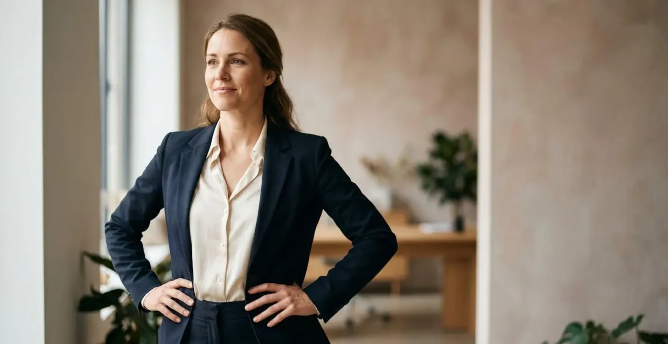 Femme professionnelle en tailleur adoptant une posture de confiance avec les épaules ouvertes et le regard déterminé