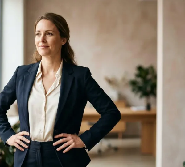 Femme professionnelle en tailleur adoptant une posture de confiance avec les épaules ouvertes et le regard déterminé