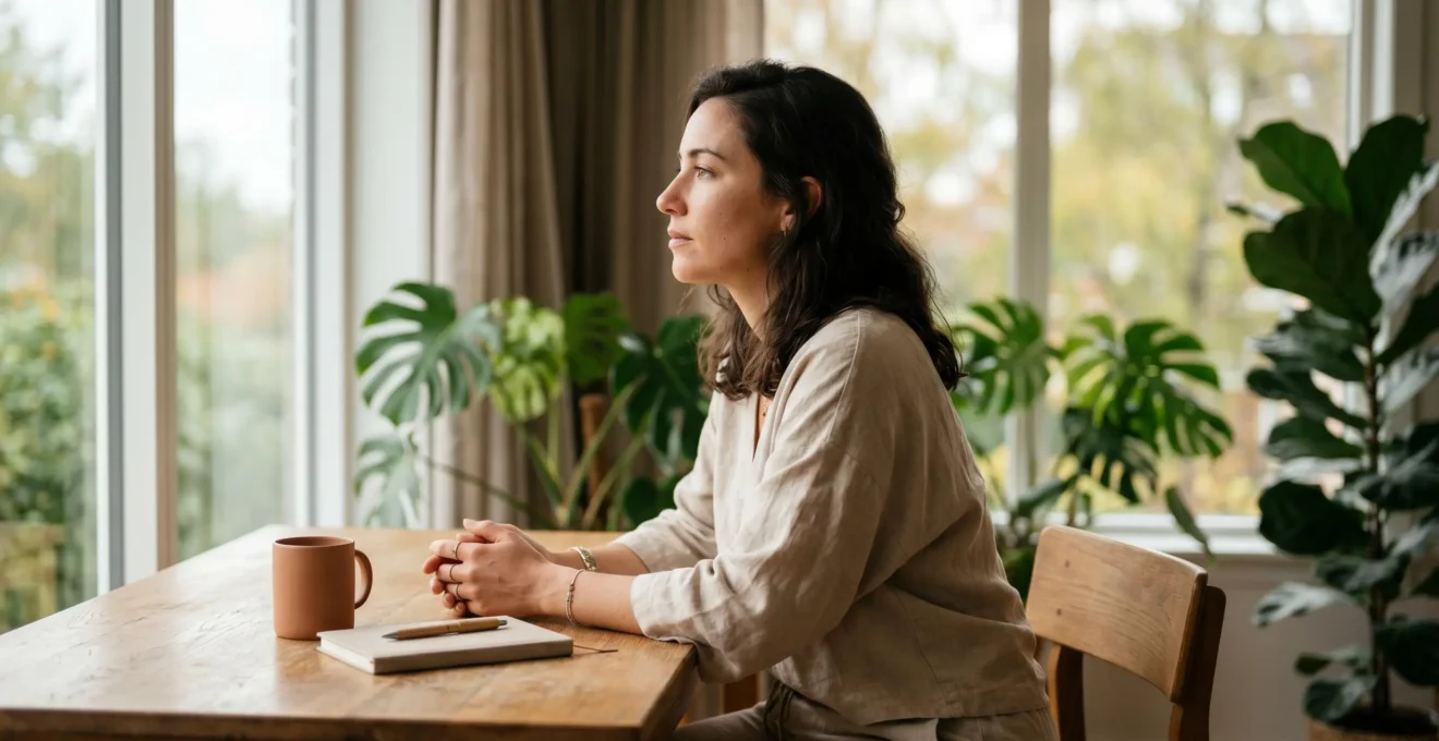 Une femme entrepreneure dans un moment de réflexion paisible, symbolisant l'équilibre entre ambition et bien-être