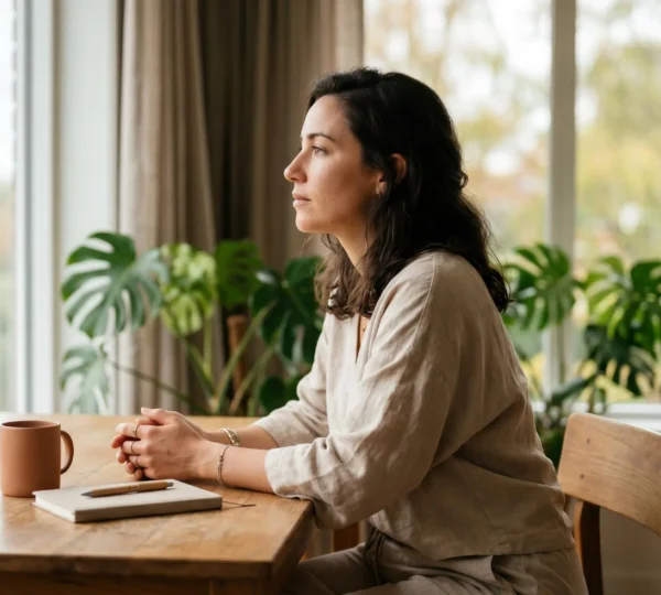 Une femme entrepreneure dans un moment de réflexion paisible, symbolisant l'équilibre entre ambition et bien-être