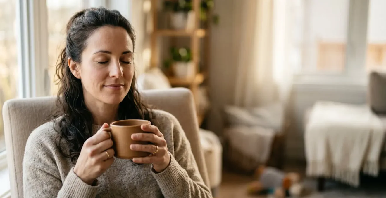 Femme sereine prenant un moment pour elle dans une atmosphère douce et apaisante