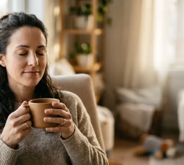 Femme sereine prenant un moment pour elle dans une atmosphère douce et apaisante