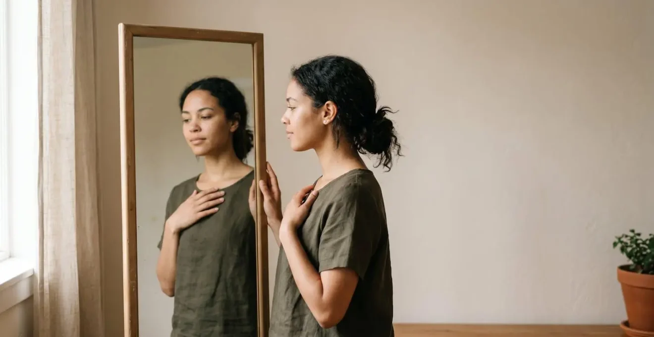 Femme regardant son reflet dans un miroir avec sérénité et acceptation de soi
