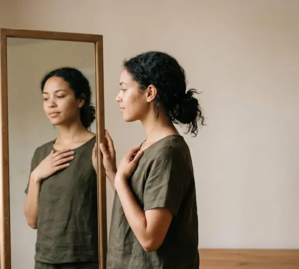 Femme regardant son reflet dans un miroir avec sérénité et acceptation de soi