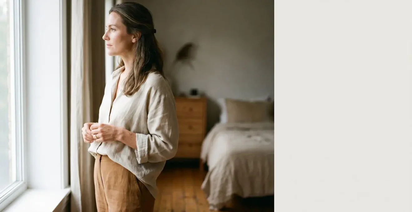 Femme contemplant sa nouvelle silhouette dans un moment de redécouverte vestimentaire