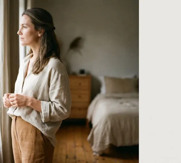 Femme contemplant sa nouvelle silhouette dans un moment de redécouverte vestimentaire