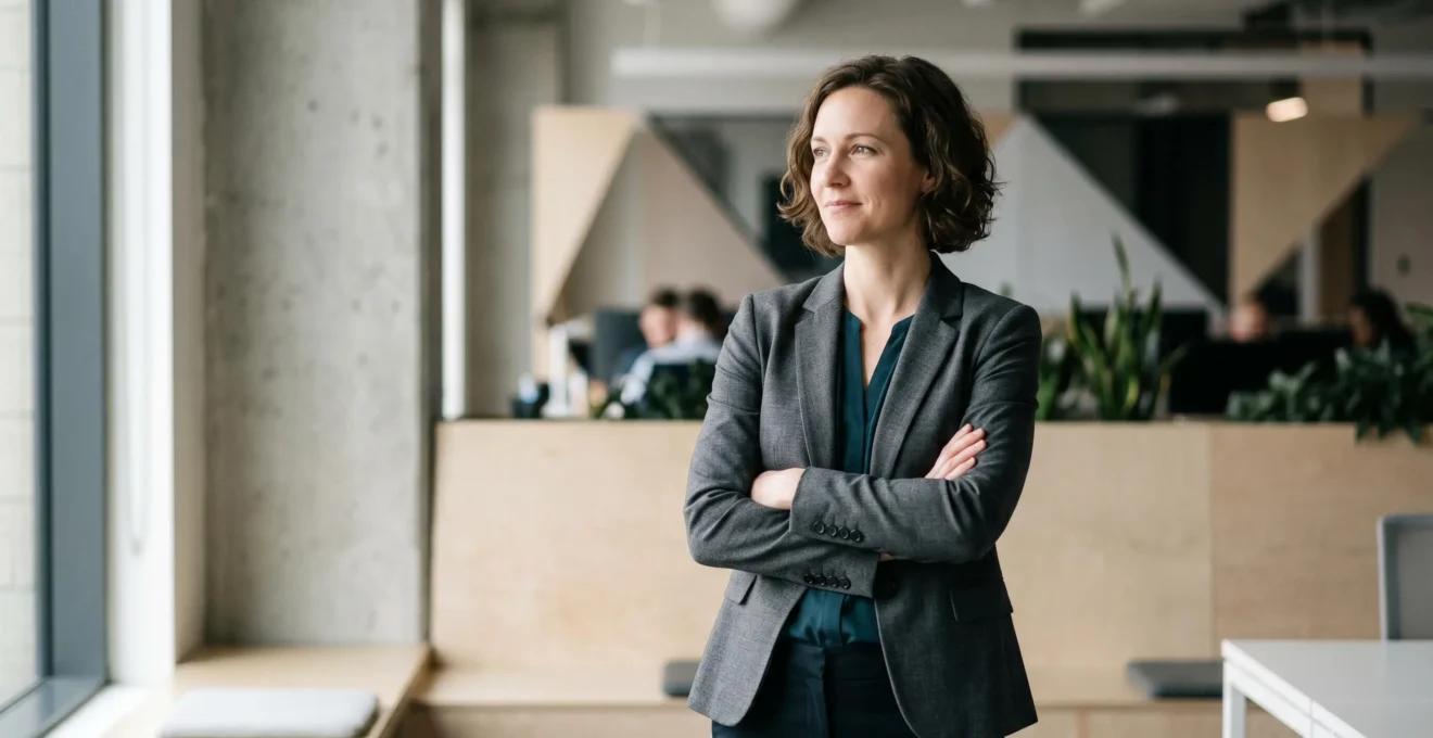 Femme professionnelle affirmant sa légitimité en environnement de travail moderne