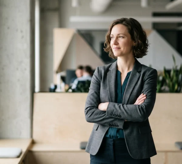 Femme professionnelle affirmant sa légitimité en environnement de travail moderne