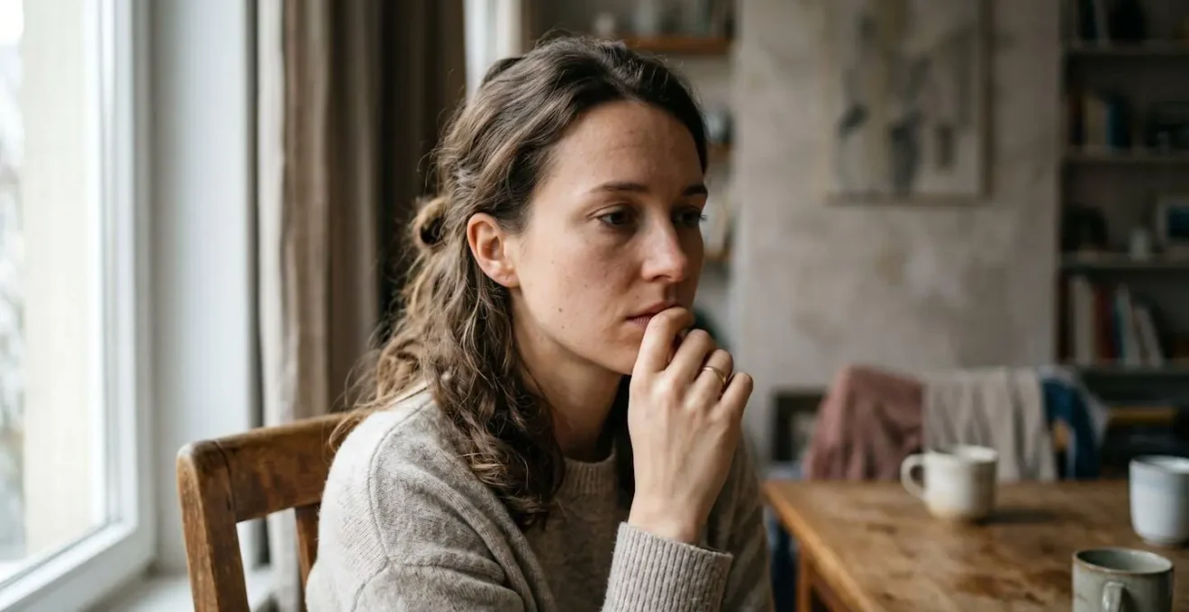Femme contemplative face à un dilemme financier entre shopping et épargne