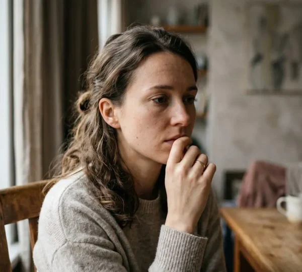 Femme contemplative face à un dilemme financier entre shopping et épargne