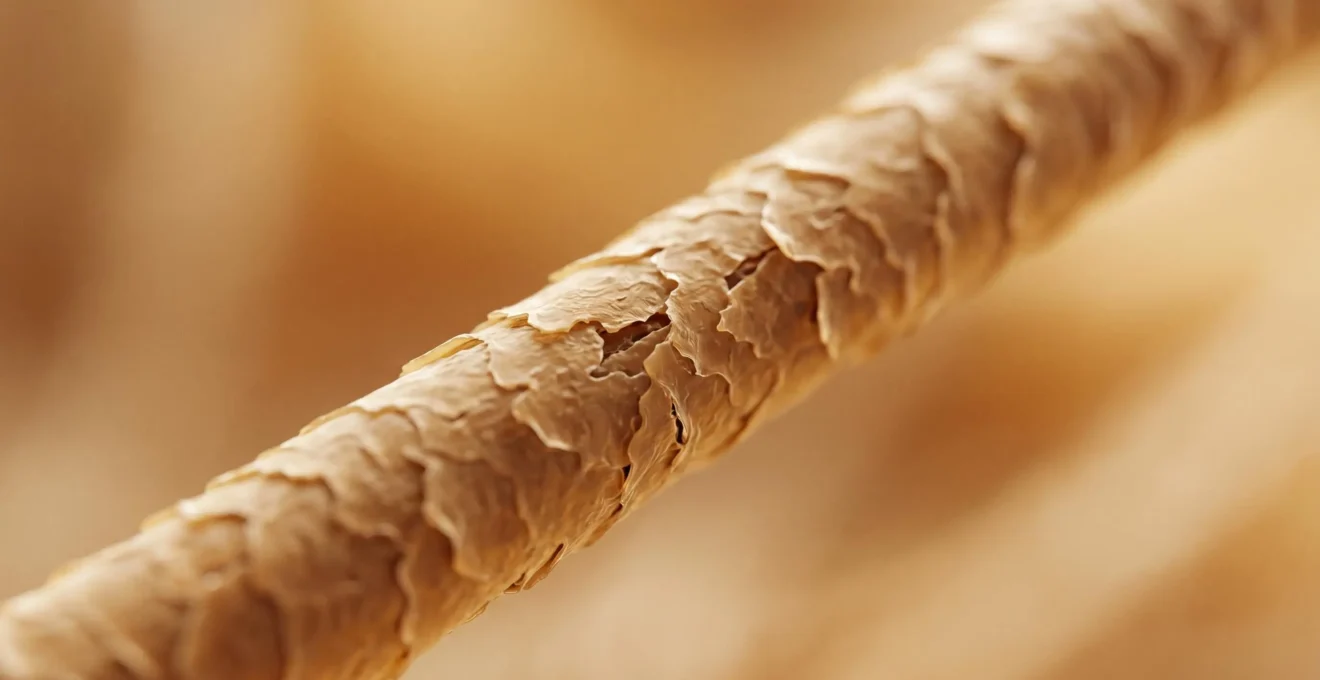 Gros plan macro sur une fibre capillaire montrant la structure poreuse et les écailles ouvertes nécessitant réparation