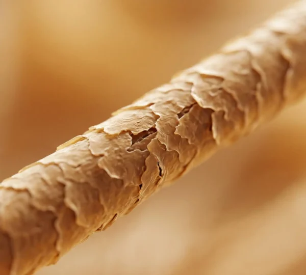Gros plan macro sur une fibre capillaire montrant la structure poreuse et les écailles ouvertes nécessitant réparation