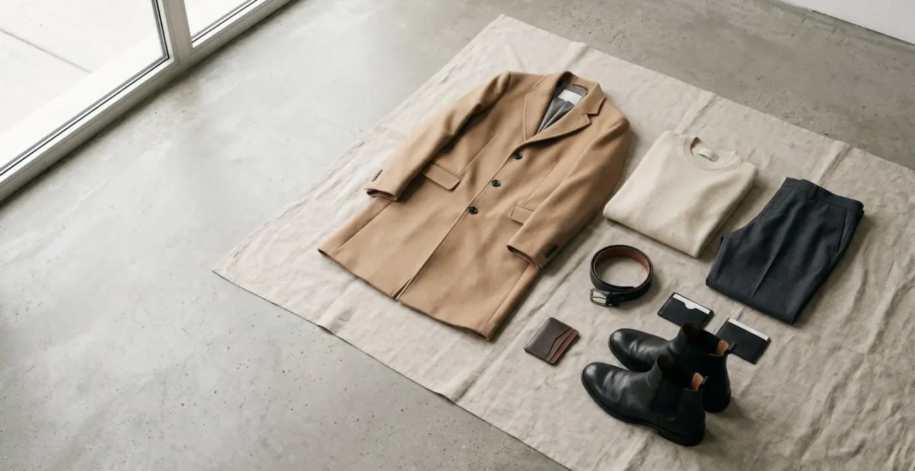 Composition élégante de pièces vestimentaires d'hiver soigneusement agencées sur fond neutre, évoquant une garde-robe capsule minimaliste et intemporelle