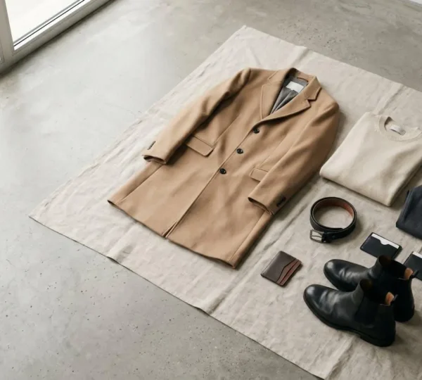 Composition élégante de pièces vestimentaires d'hiver soigneusement agencées sur fond neutre, évoquant une garde-robe capsule minimaliste et intemporelle