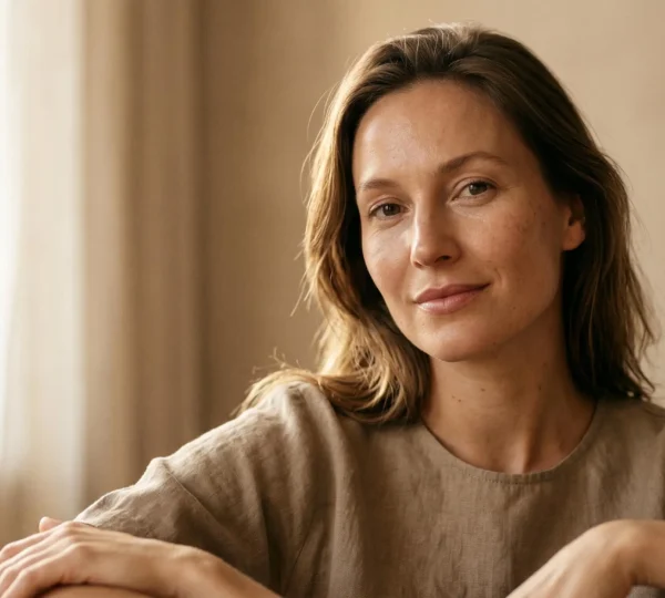 Femme au teint lumineux naturel incarnant une beauté holistique sans maquillage