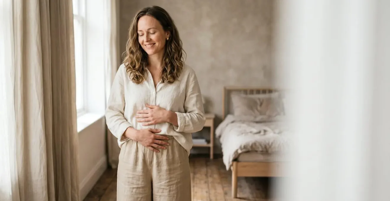 Femme dans un moment de douceur et de reconnexion avec son corps post-partum, incarnant la bienveillance et l'acceptation de soi