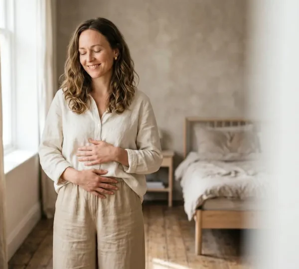 Femme dans un moment de douceur et de reconnexion avec son corps post-partum, incarnant la bienveillance et l'acceptation de soi