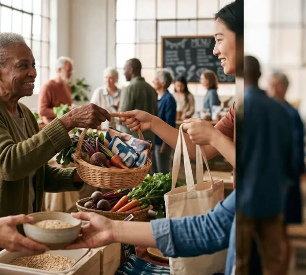 Scene évoquant la consommation responsable et l'économie sociale et solidaire dans un contexte moderne