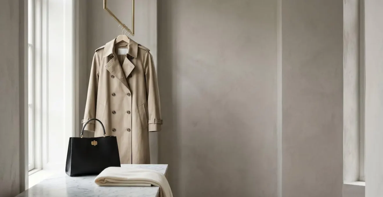 Collection de pièces de mode iconiques disposées dans un environnement élégant et minimaliste
