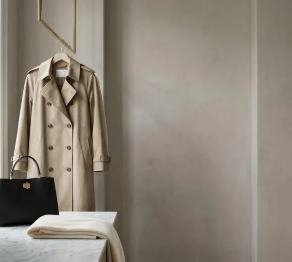 Collection de pièces de mode iconiques disposées dans un environnement élégant et minimaliste